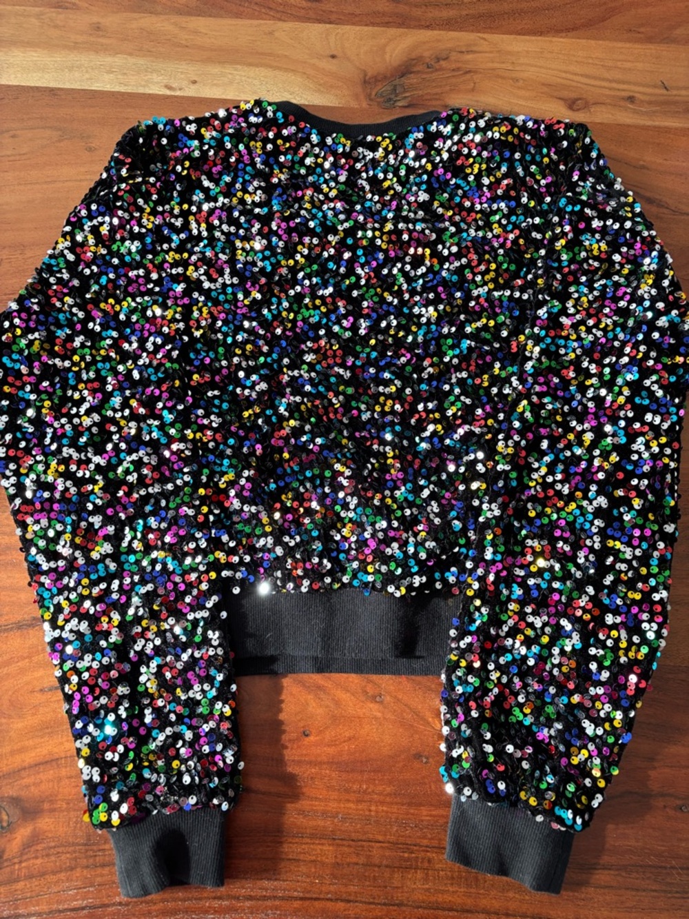 Suzy Shier Black Sequin Crew Neck Sweater with Multicolor Sequins. Cropped.